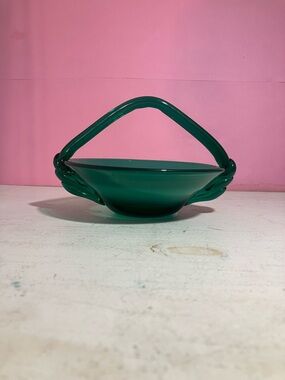VINTAGE Murano-Style Green Jade Glass Candy Dish With Handle